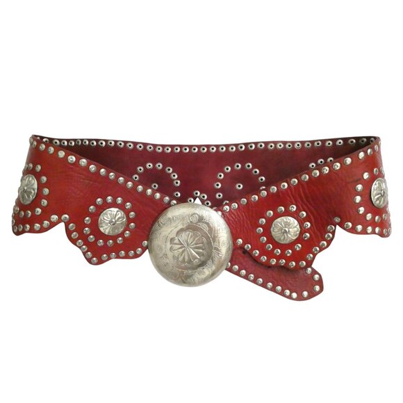 Studded wide leather Concha belt M L scallop edge main image 6
